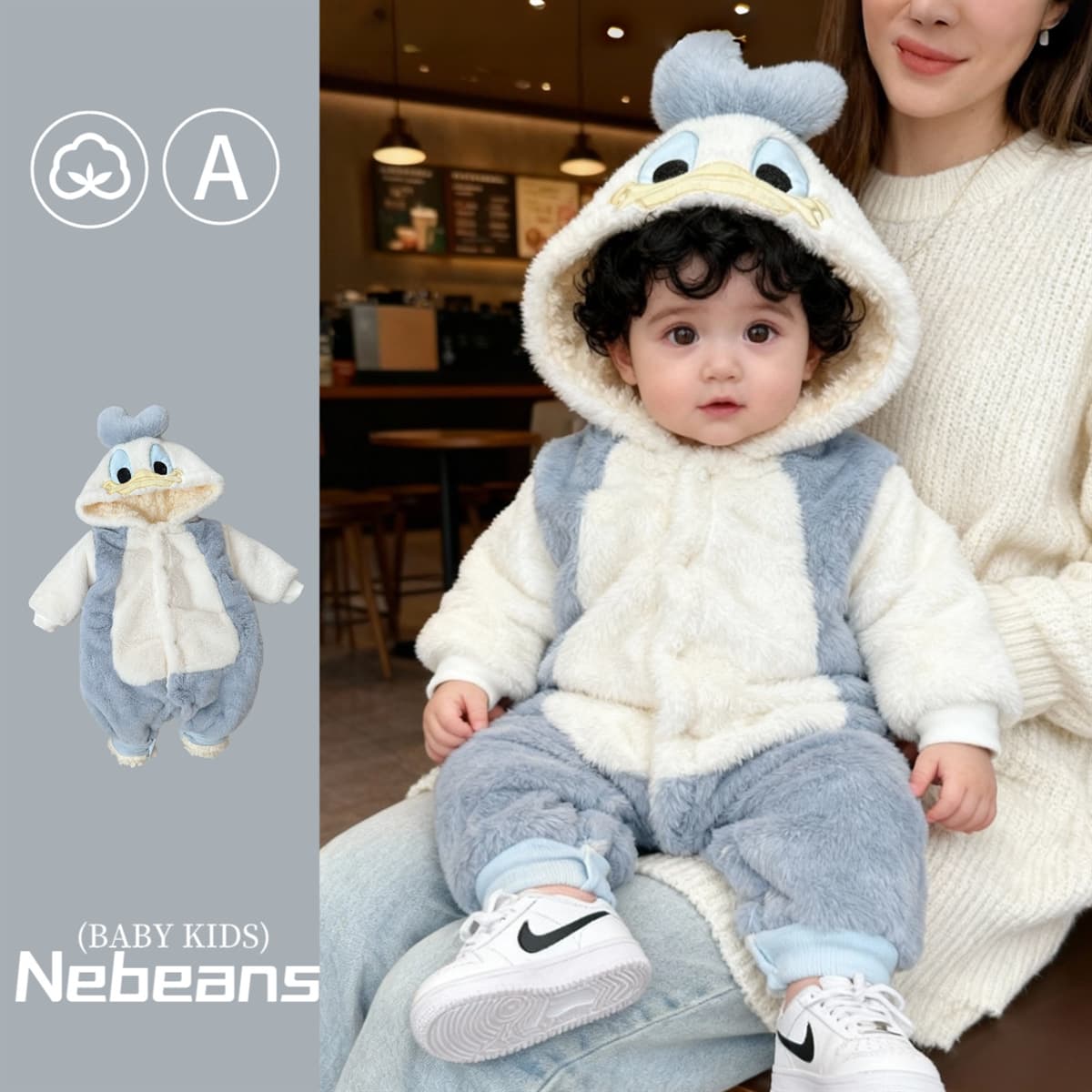 Warm Fleece Lined Bodysuit with Hat for Babies Outdoors Autumn Winter New Arrival Unisex Cartoon Duck Design Thickened Safety Standard a Class