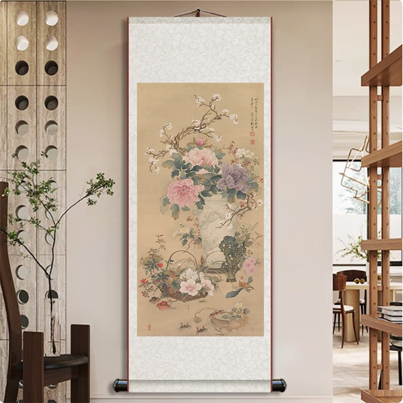 New Year's Offering Scroll by Famous Artist, Classical Floral New Chinese Style for Living Room, Tea Room, Study, or Foyer