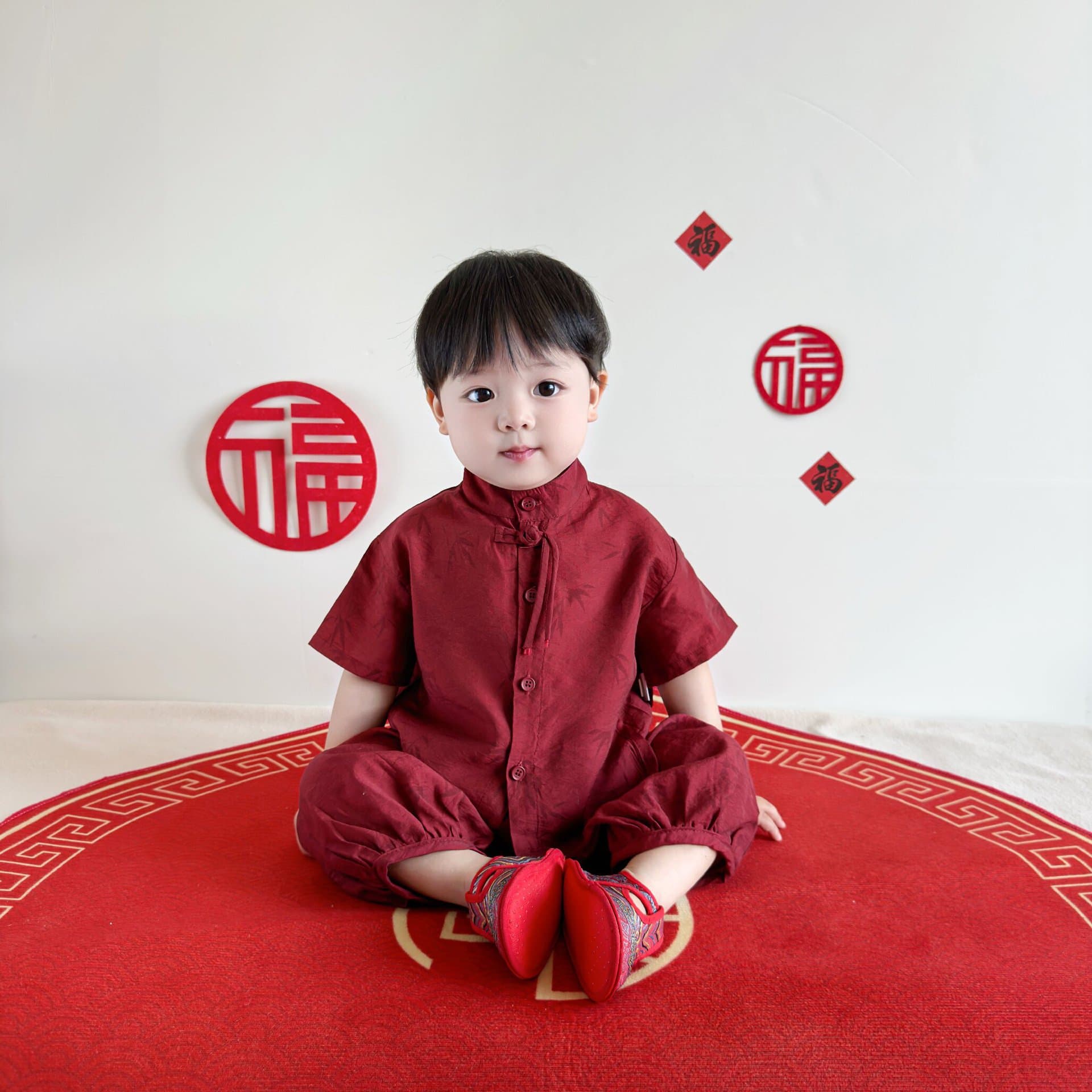 Summer Suit for 1-Year-Old Boy's Birthday Party, Chinese-Style Red Outfit for First Birthday Celebration