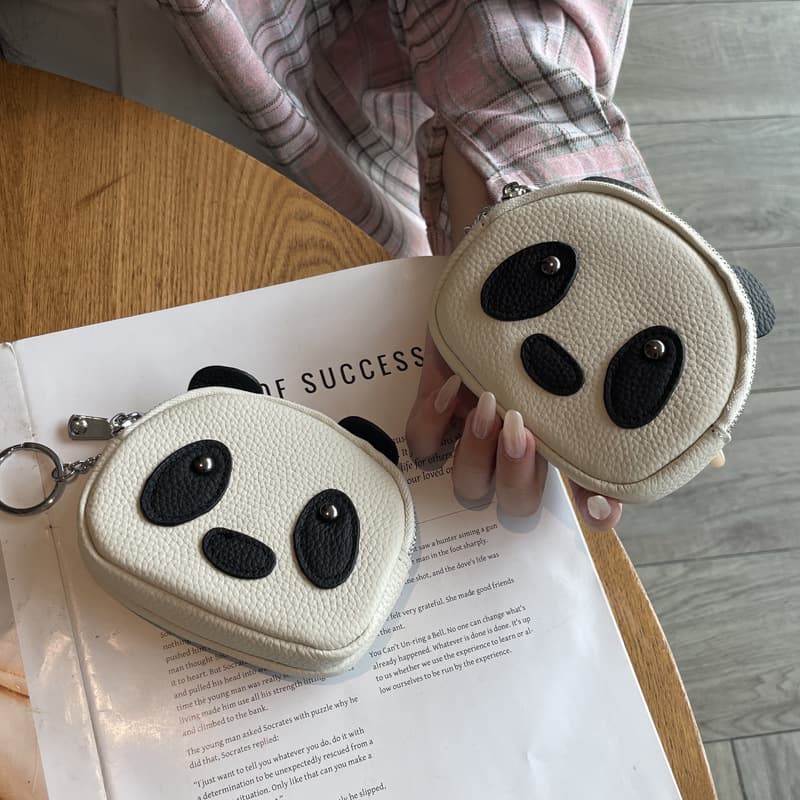 Cute Genuine Leather Zipper Coin Purse Giant Panda Design Top Layer Leather Double Zipper Coin Bag Women's Wallet Small