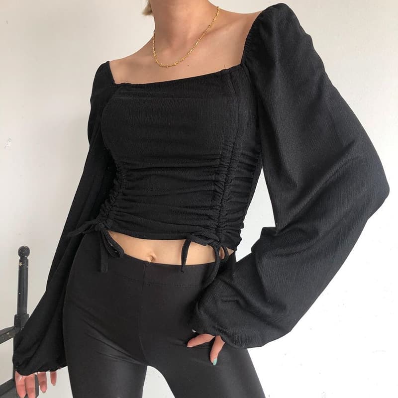 European and American 2025 Autumn Winter Wholesale Women's New Solid Color Square Neck Short Long Sleeve T-Shirt Black Top