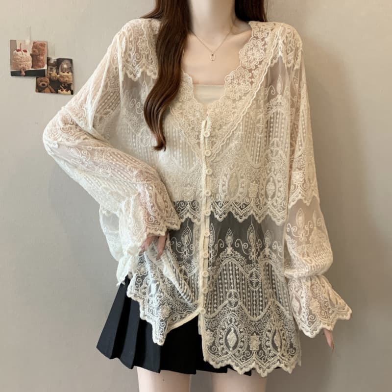 European style 2025 new style cardigan shirt jacket with crocheted floral openwork lace trim for women, winter shirt top