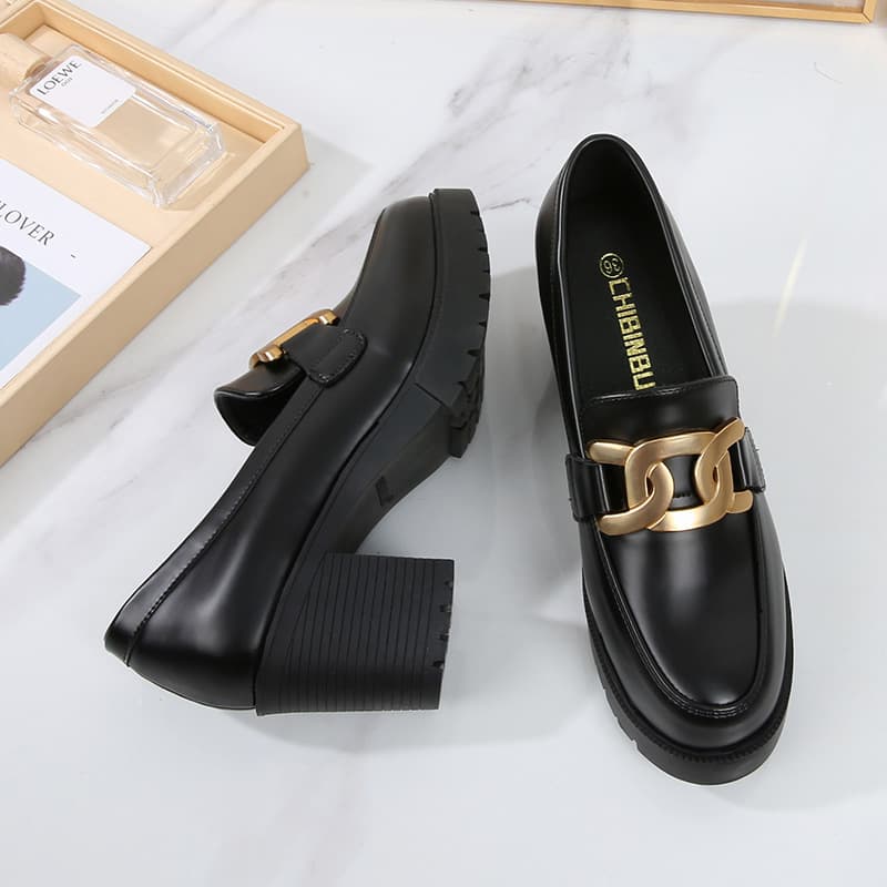 Women's High-Heel British Style Leather Loafers, 2022 New Single-Shoe Design, Chunky Heel, Low-Profile Thick Sole Flats, Small Size