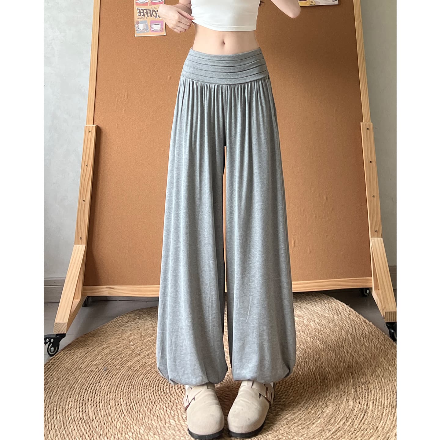 Gray Low Rise Elastic Cuff Casual Pants for Women Summer 2026 New Lantern Pants Draping Slimming Petite Loose Lazy Pants