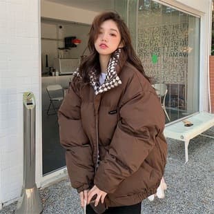 Checkerboard Cotton Coat Women Winter Retro Hong Kong Style Thick Loose Puffer Jacket Niche Design Sense Harajuku Cotton Padded Coat Trendy