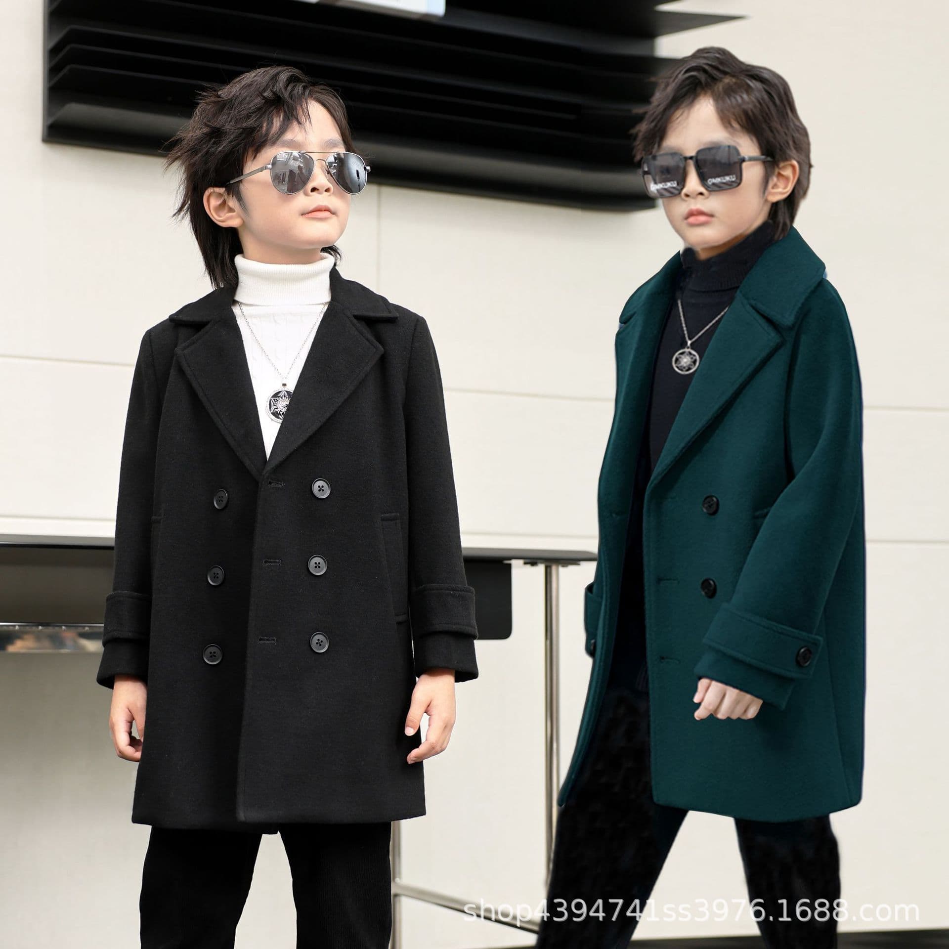 Cross-Border New Autumn/Winter Boys' Double-Breasted Chic Wool Coat, Thick Children's Lapel Mid-Long Wool Jacket