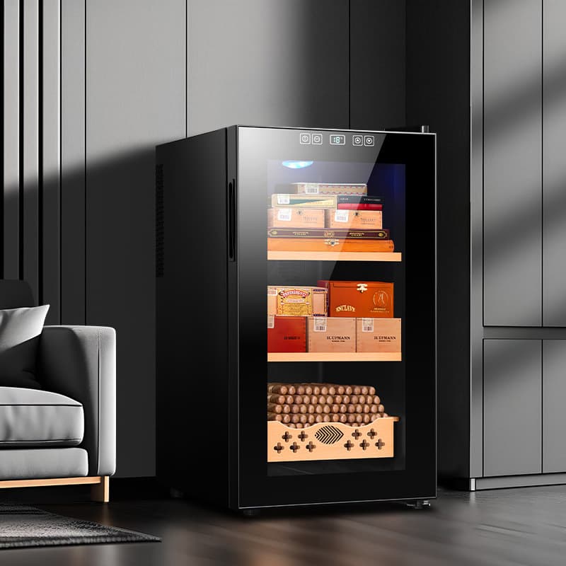 QieLong Cigarette Cabinet 52C Temperature Control Humidity Air Cooling Built-in Dual-Core Cooling Cedar Wood Aged Small Cigarette Cabinet
