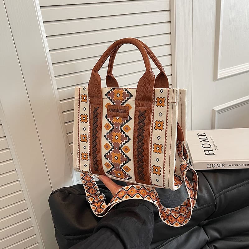 Cross-border Ethnic Style Canvas Shoulder Bag for Women, Vintage, Large Capacity, Travel Fashion, Durable and Versatile Handbag