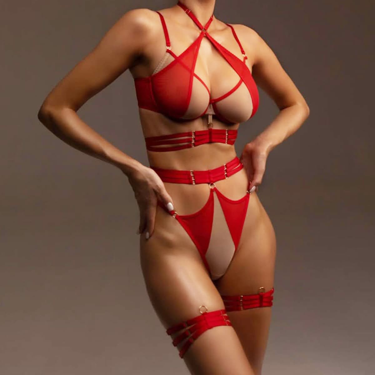 European and American Cross-Border Hot Selling See-Through Mesh Panel Slimming Corset Belt Hollow Shapewear Sexy Lingerie Two-Piece Set