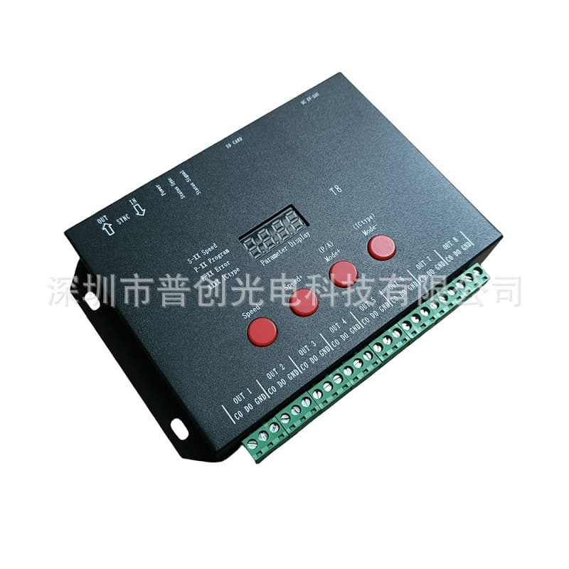 LED Full-Color Controller T8-TTL, Programmable with SD Card, Dimming and Chasing Effects, DC Powered