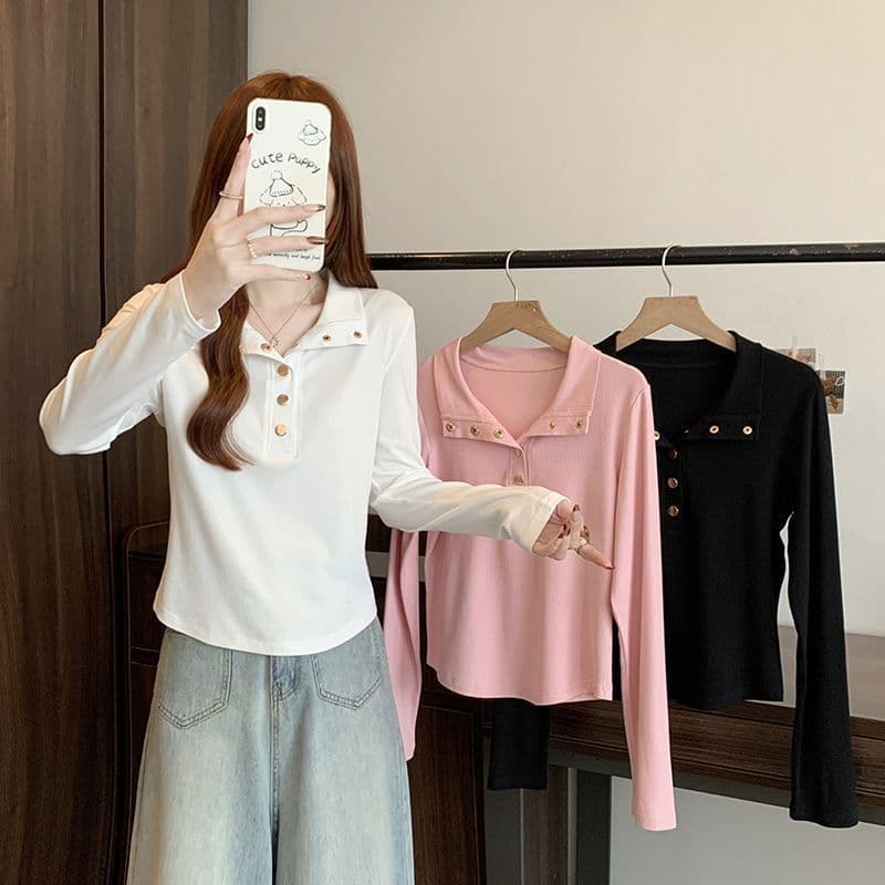 In-Stock Real Shot 2025 Spring New Style Plus Size Women Stand Collar Button-Down Slimming Long Sleeve T-Shirt Top