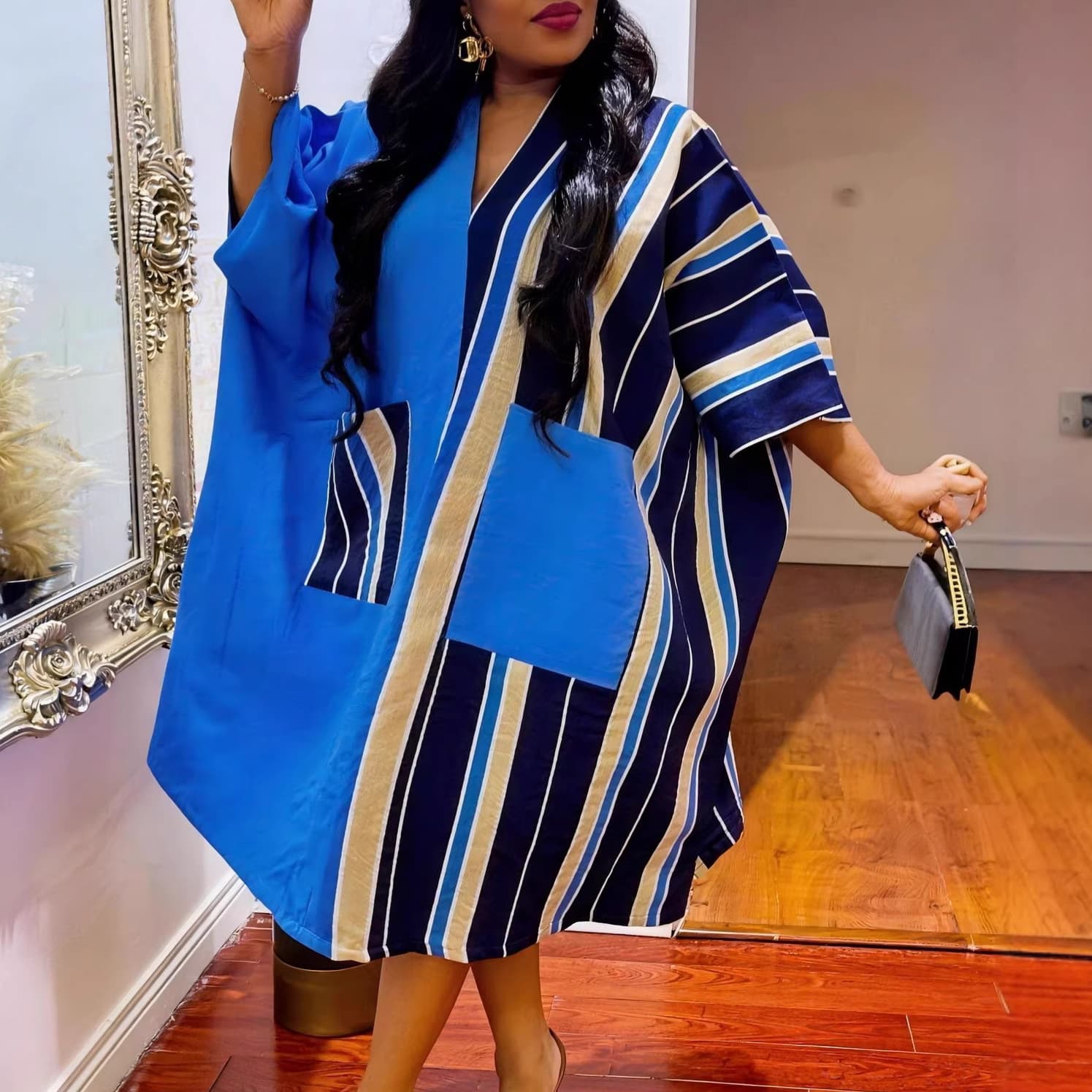 African Ethnic Patchwork Dress Batwing Sleeve V-Neck Pocket Contrast Satin BUBU Long Robe Dress