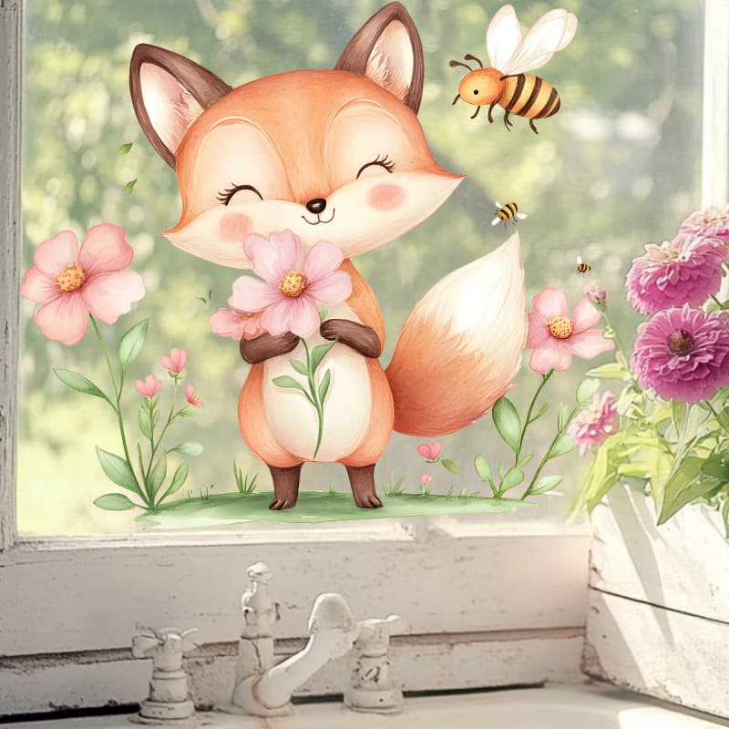 Fully Transparent AD33060 Cute Flower Bee Little Fox Glass Sticker Bedroom Balcony Window Home Decoration Sticker
