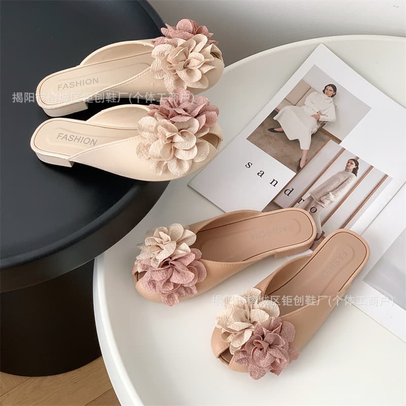 2025 New Fashion Summer Closed-Toe Flat Half-Slipper Women's Fairy Style with Skirts Floral Hollow-Out Sandal Slipper