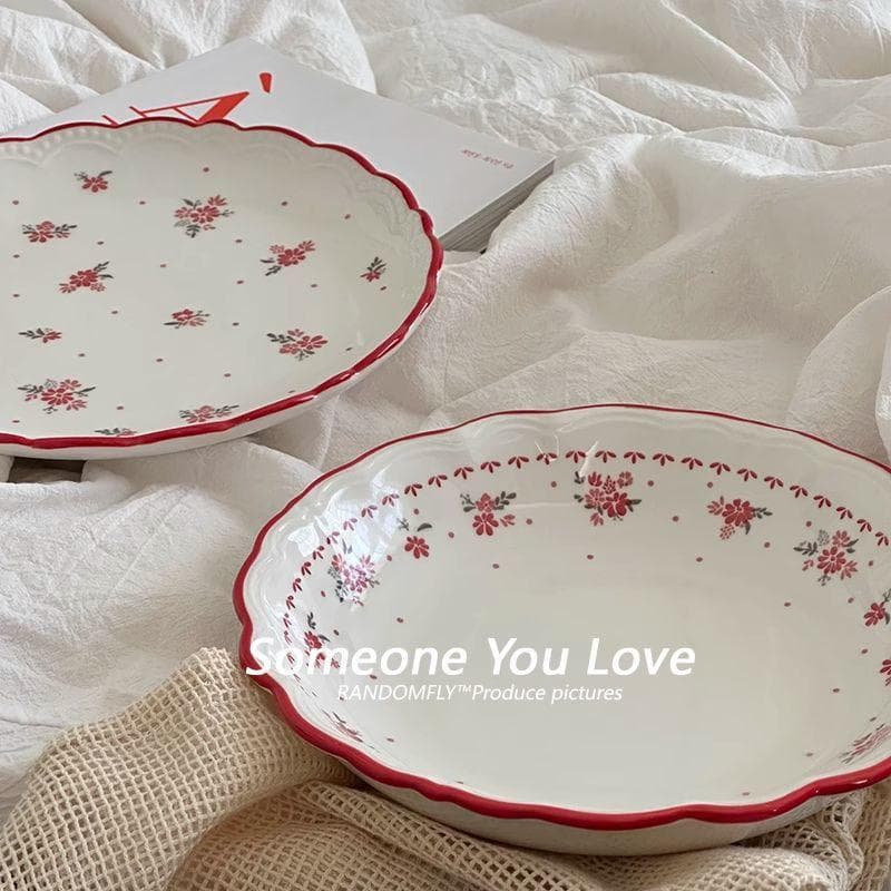 ins Underglaze Red Floral Home Plate Dish Plate Dessert Deep Plate Vintage Ceramic Plate Housewarming Home Bowl and Dish