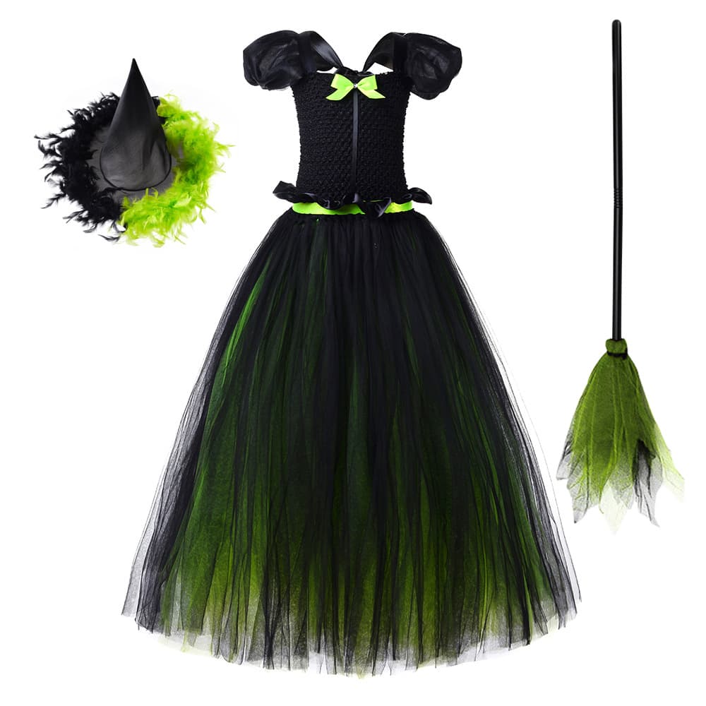 Wicked Witch Dress Girls Halloween Costume Mixed Color Mesh Tulle Dress Vampire Elphaba Wizard Gown