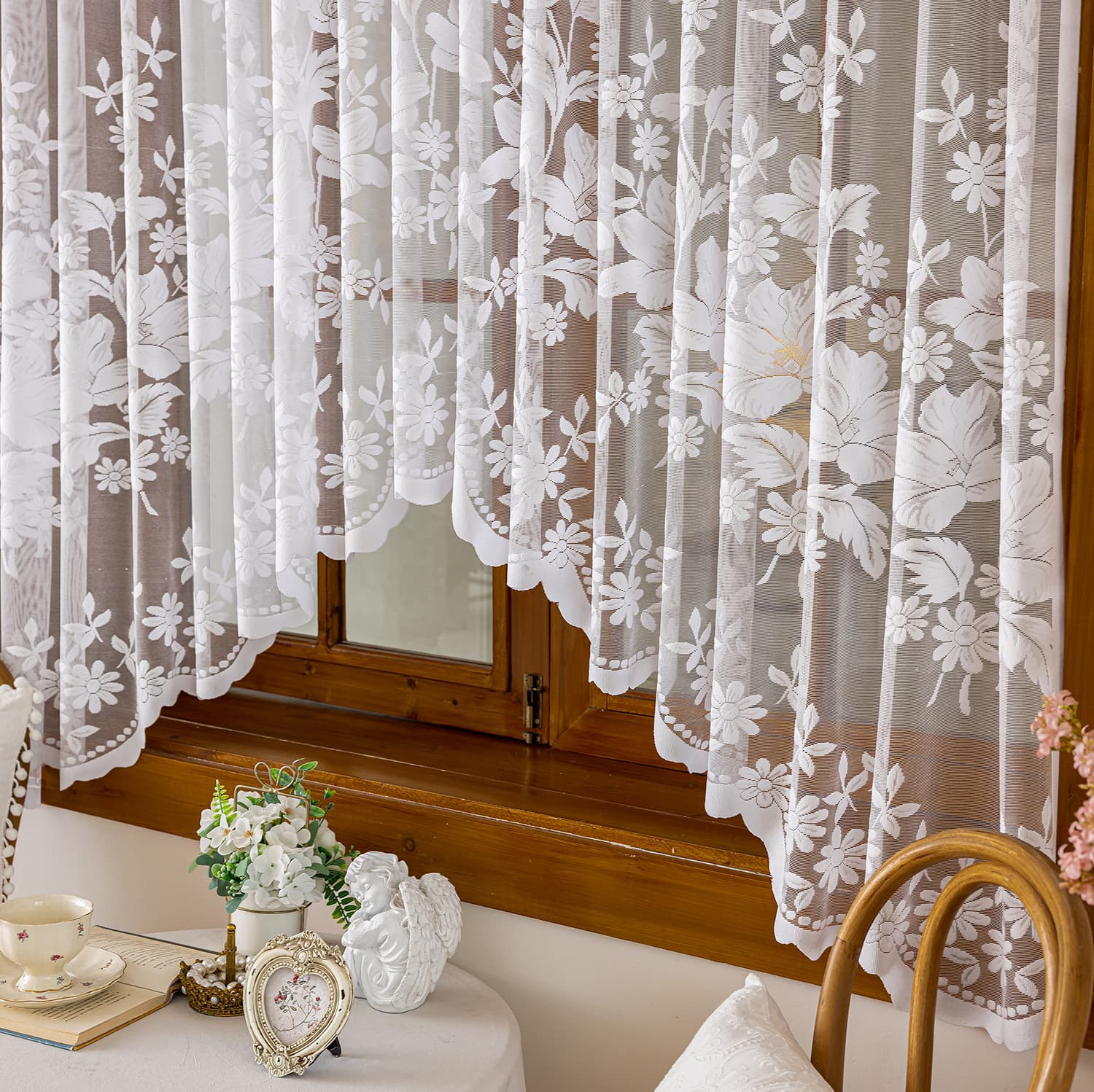 French European Style White Lace Kitchen Partition Curtain with Floral Embroidery, Coffee Curtain, Door Curtain, Bay Window Short Curtain, Cabinet Decoration