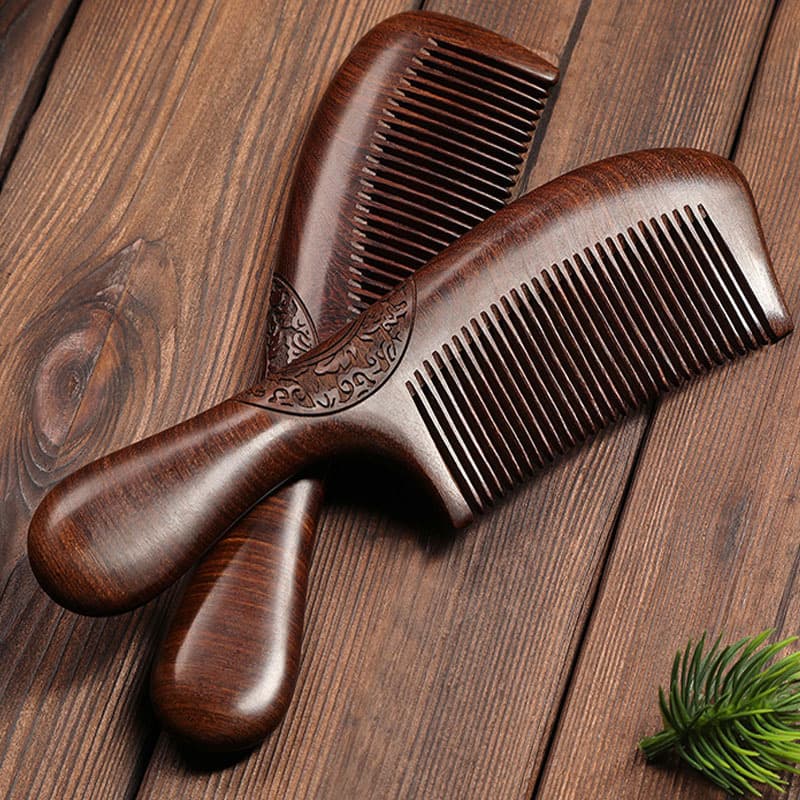 Double-Sided Carved Black Gold Sandalwood Hair Comb Handleless Whole Wood Massage Comb for Head And Scalp Wide Teeth