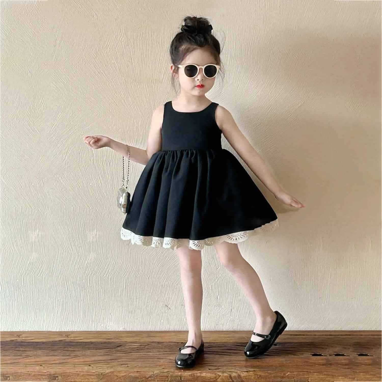 Korean Children Summer New Black Lace Vest Dress Girls Hepburn Style Elegant Backless Black Dress