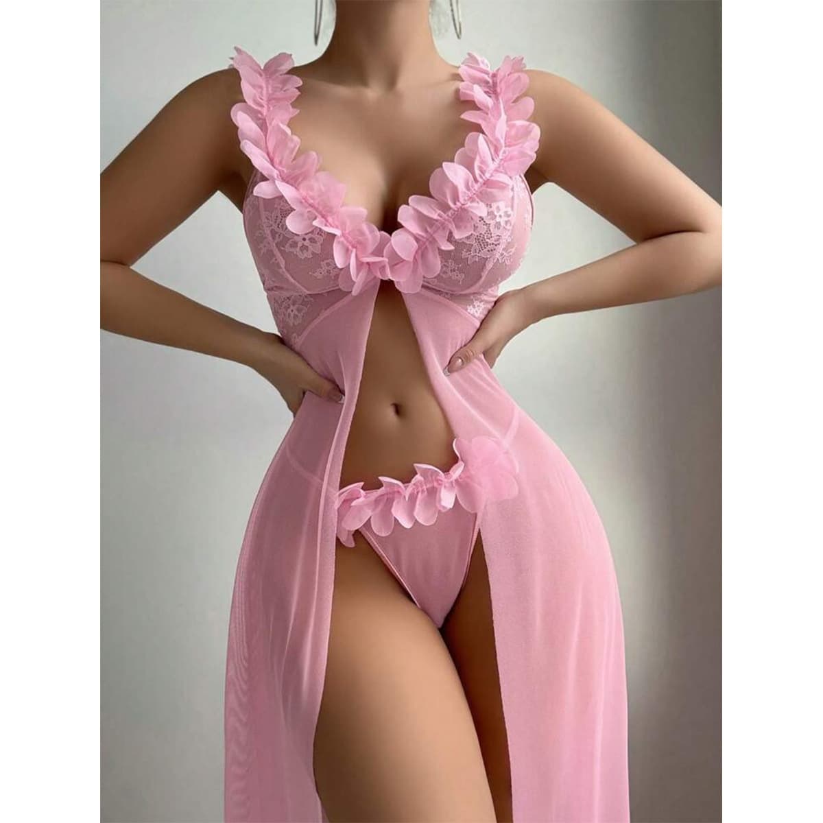 European and American Hit Women's Sexy Temptation Mesh Lace 3D Floral Countryside Lingerie Sexy Sheer Sleepwear Set
