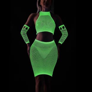 Plus Size Sexy Lingerie Foreign Trade Glow-in-the-dark Flirt Mesh Clothing Tearable Sexy Hollow Out Glowing Bodysuit Open Crotch Fishnet Stockings