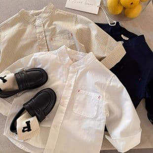 Kids Long-Sleeve Shirt 2026 Spring Korean Style Boys and Girls Round Neck Striped Shirt Baby Large Pocket Shirt Wholesale