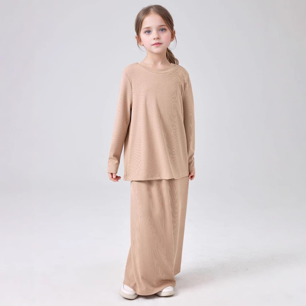 Girls 2-piece solid color round neck top slit skirt suit prayer wear MSL228
