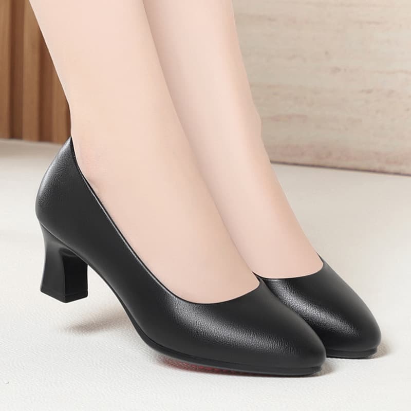 Soft Leather Work Shoes for Women Mid Heel Black Professional Interview Work Shoes Formal Heel Commuter Anti-slip Leather Single Shoes for Women
