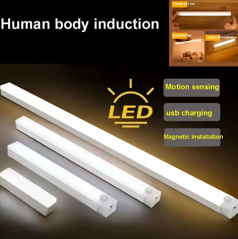 Human Motion Sensor Light Strip Long Wardrobe Shoe Cabinet Wireless Self-adhesive Kitchen Rechargeable LED Magnetic Cabinet Light