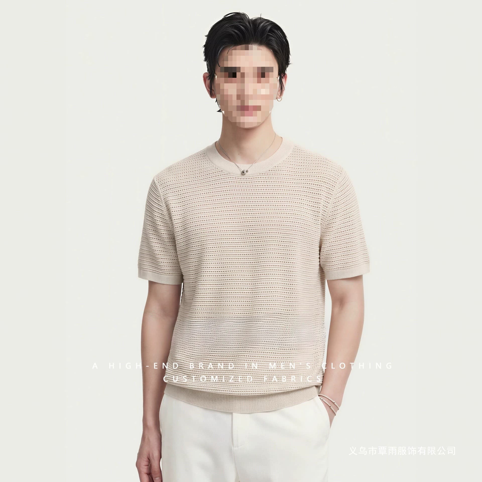 Ribbed Knit Cutout Design Linen-Blend Round Neck Short Sleeve T-Shirt for Men Summer