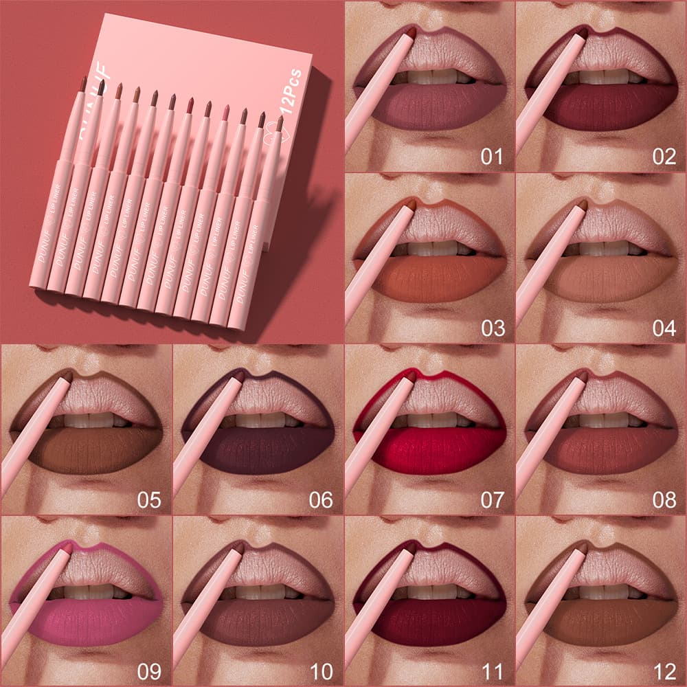 DUNUF Lip Liner 12-Piece Set, Easy to Apply Velvet Matte Lipstick, Philippines Export