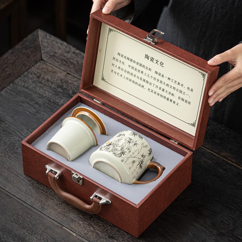 Ru Kiln Ceramic Office Mug Gift Set Large Capacity Tea Cup with Tea-Water Separation, Marking Mug for Leaders and Clients with Logo