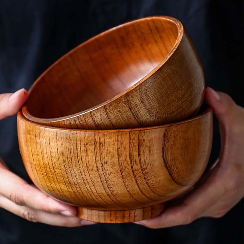 Natural Wild Jujube Wood Anti-Scald Noodle Bowl, Large Japanese Style Household Children's Bowl, Thickened Round Wooden Soup Bowl with Engraving