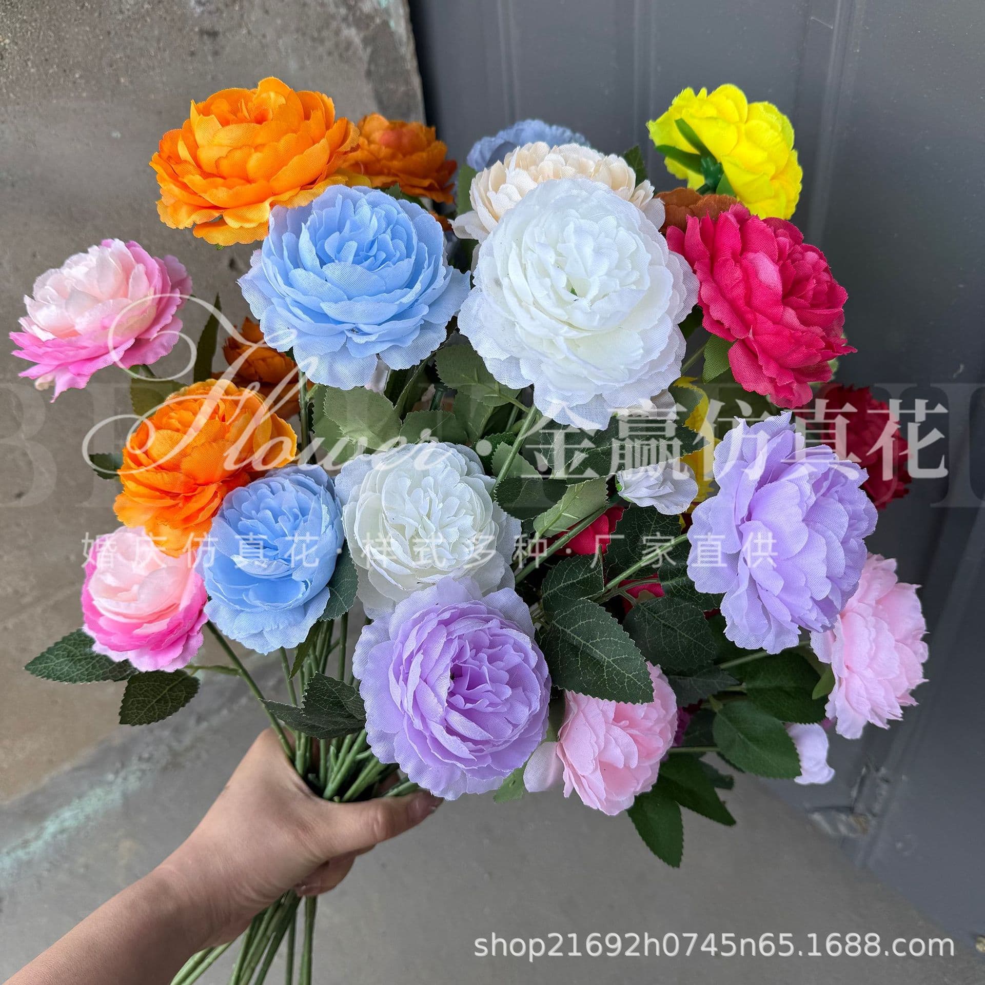 Wedding simulation flower 3-head peony flocking three-head dew lotus wedding decoration floor flower arrangement fake flower wedding essentials