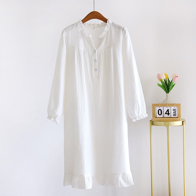 White Sleep Dress Crinkle Cotton Dress Long Sleeve Women Loose Midi Dress Full Cotton Princess Dress Loungewear