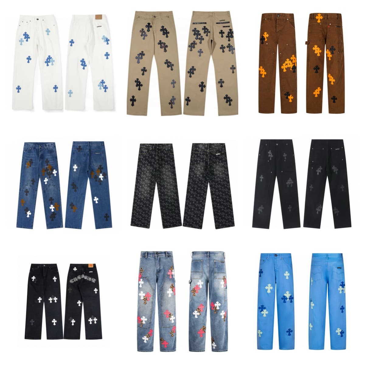 Cross-border trendy brand 26SS Chrome Hearts new high version cross leather patch loose straight-leg jeans