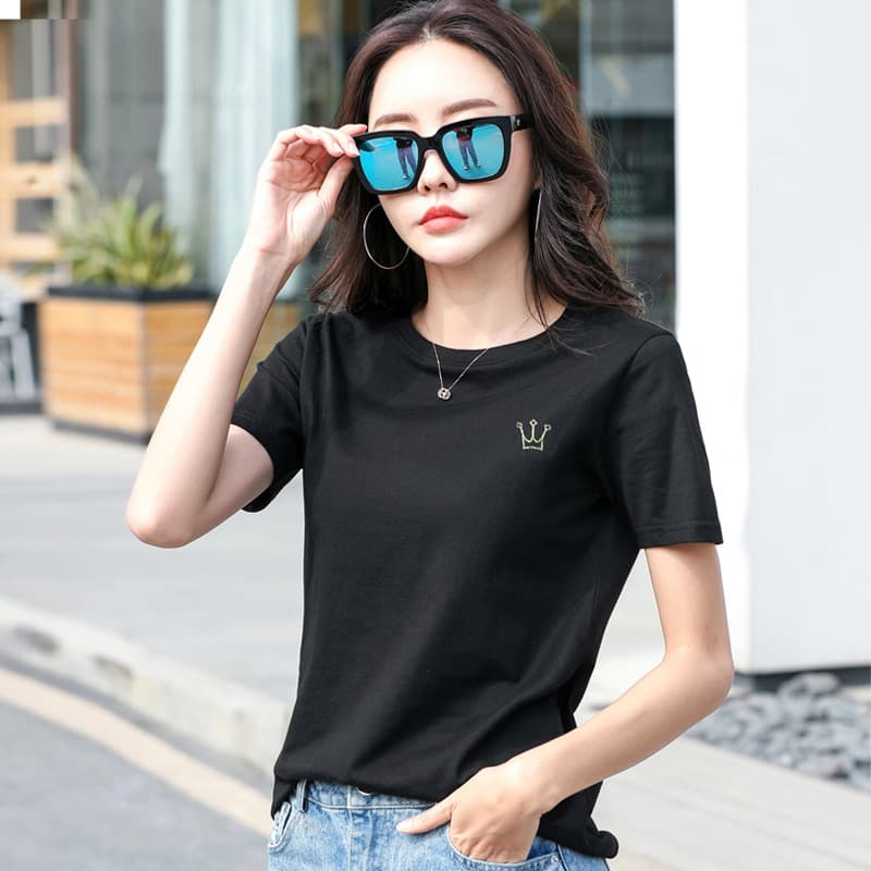 308 Summer New Short Sleeve Round Neck Cotton Regular Shoulder White T-Shirt Women Loose Korean Style Half Sleeve Top Ins Long Sleeve