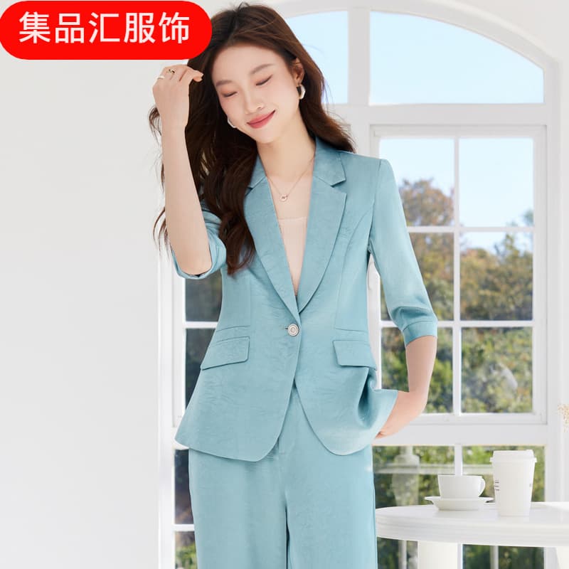 Three-quarter sleeve small suit collar jacket women's pants blue two-piece business suit mid-sleeve heart-warming fashion spring and summer