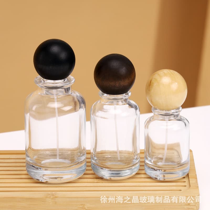 Perfume Refill Bottle Round Wood Ball Cap Glass Perfume Bottle 30 50 100ml Transparent Press Spray Perfume Bottle