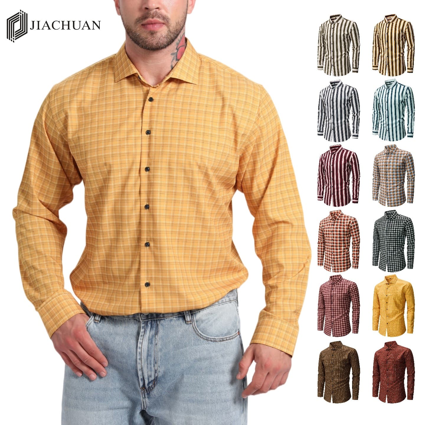 Jiachuan 2026 new cross-border men's shirt elastic non-iron digital printed plaid striped shirt men's long sleeve