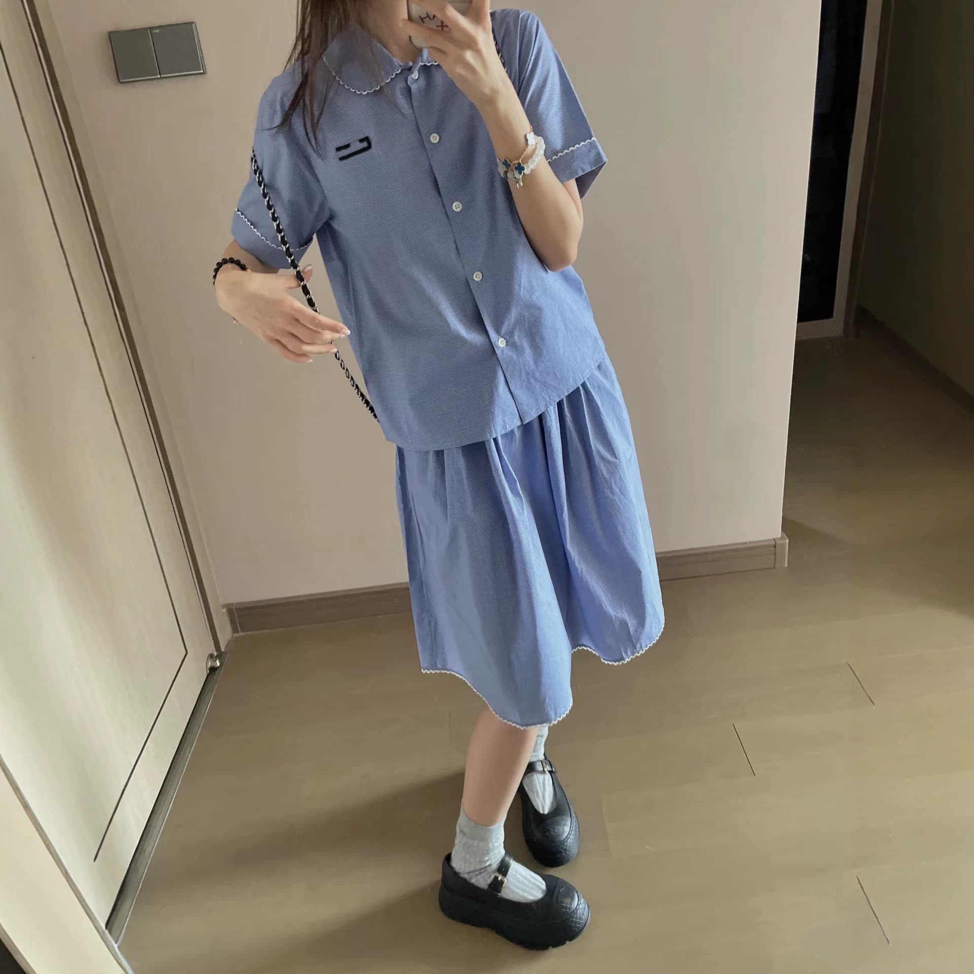 High quality 2026 Miaojia new casual suit contrasting letter embroidered lapel shirt + elastic waist skirt