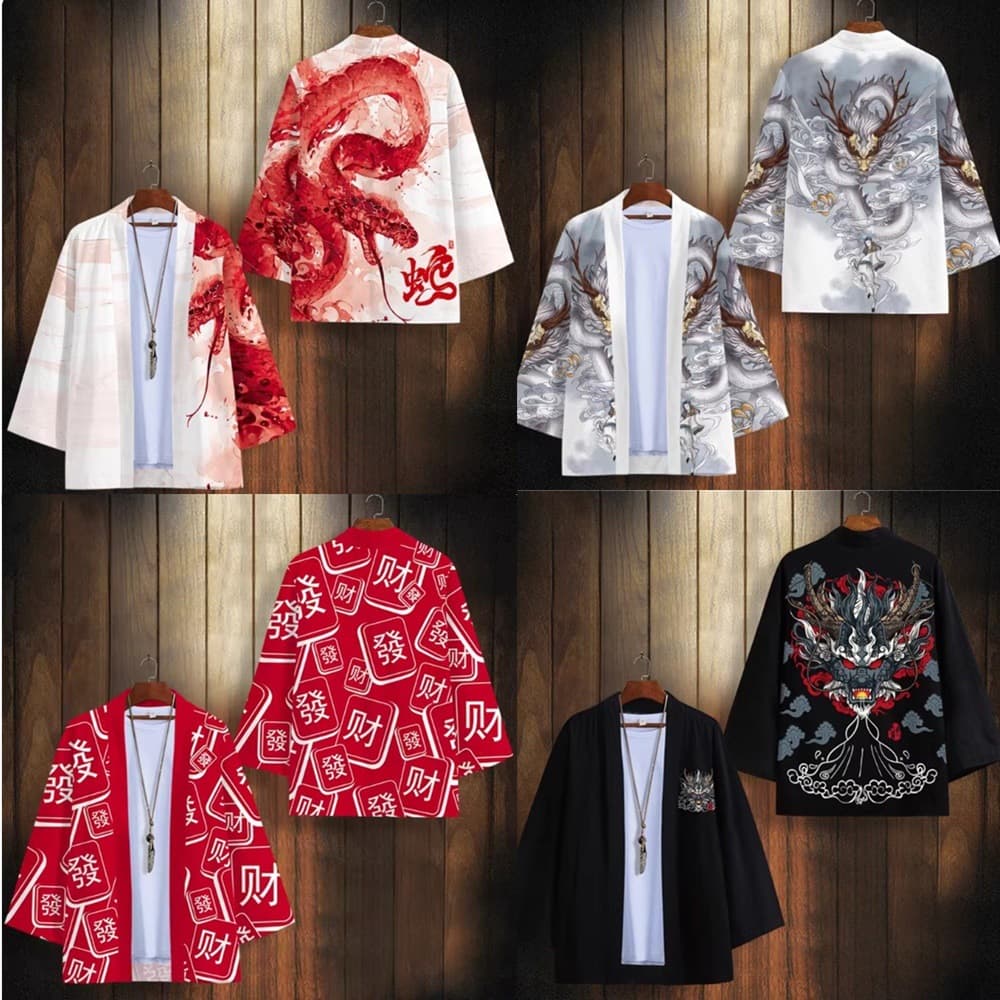 Summer thin three-quarter sleeve Korean style trendy shirt 3D printed national trend dragon pattern cardigan robe loose cloak for men