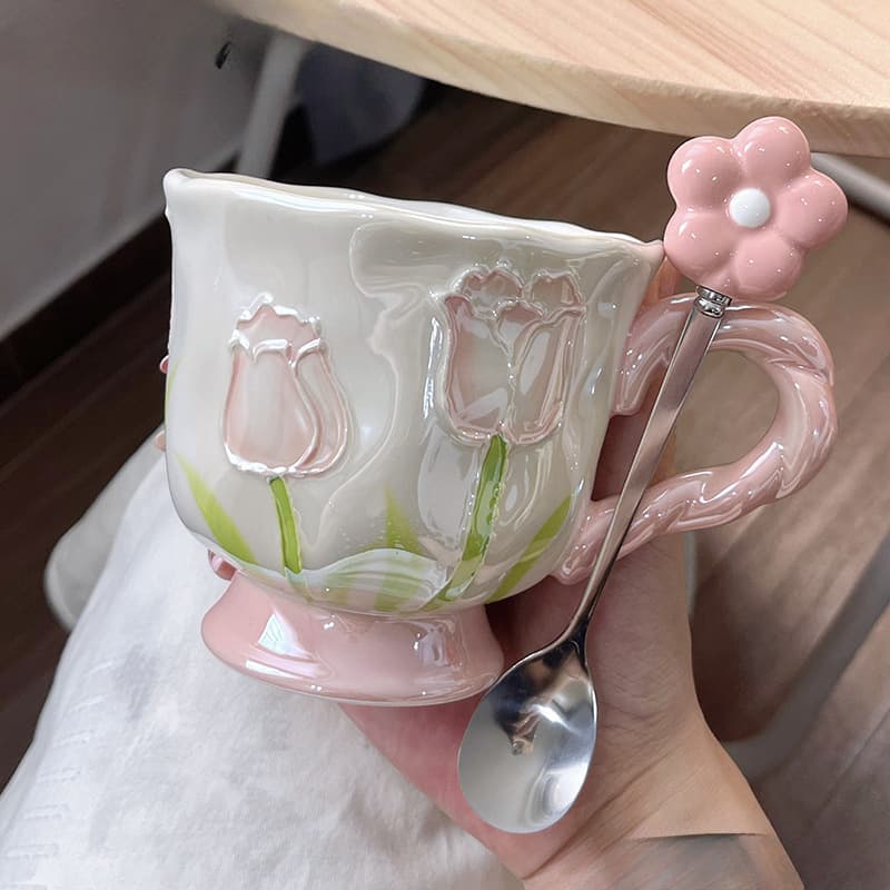 Tulip ceramic cup hand-painted high-value coffee cup mug pearlescent couple girl home water cup