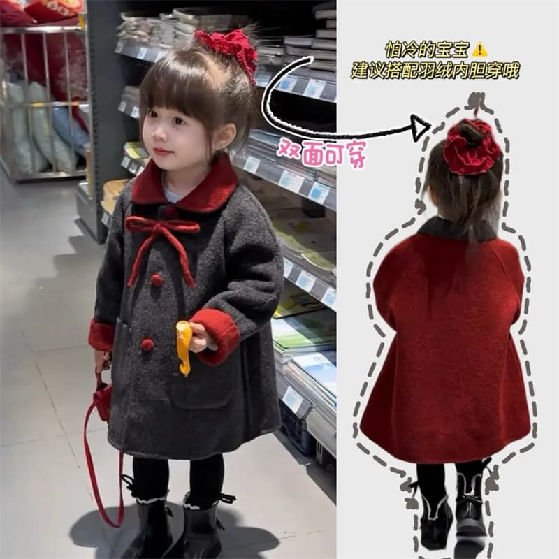 [Sweet Little Si] Girls' Coat Autumn/Winter 25 New Children's Reversible Wool Jacket Mid-Long Garment Korean Version