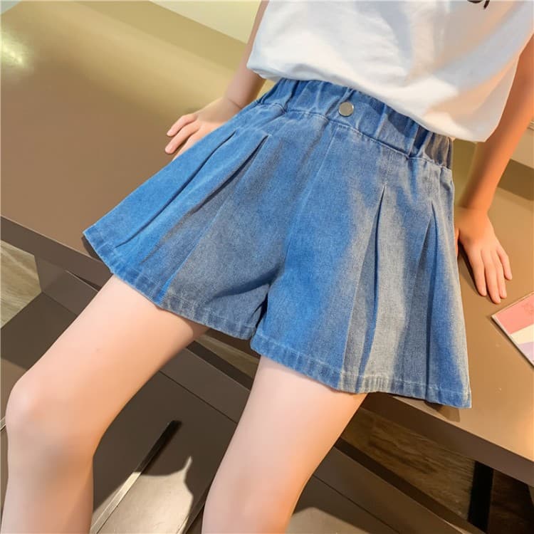 Girls Summer Wide-Leg Denim Shorts Pleated Skirt for Big Kids Loose Hot Pants Casual Skirt Pants