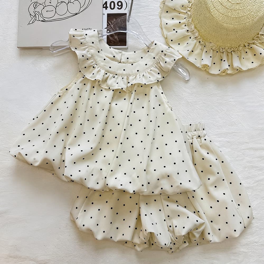 Girls' polka-dot sleeveless top suit summer ruffled backless bow polka dot bud shorts two-piece trendy set