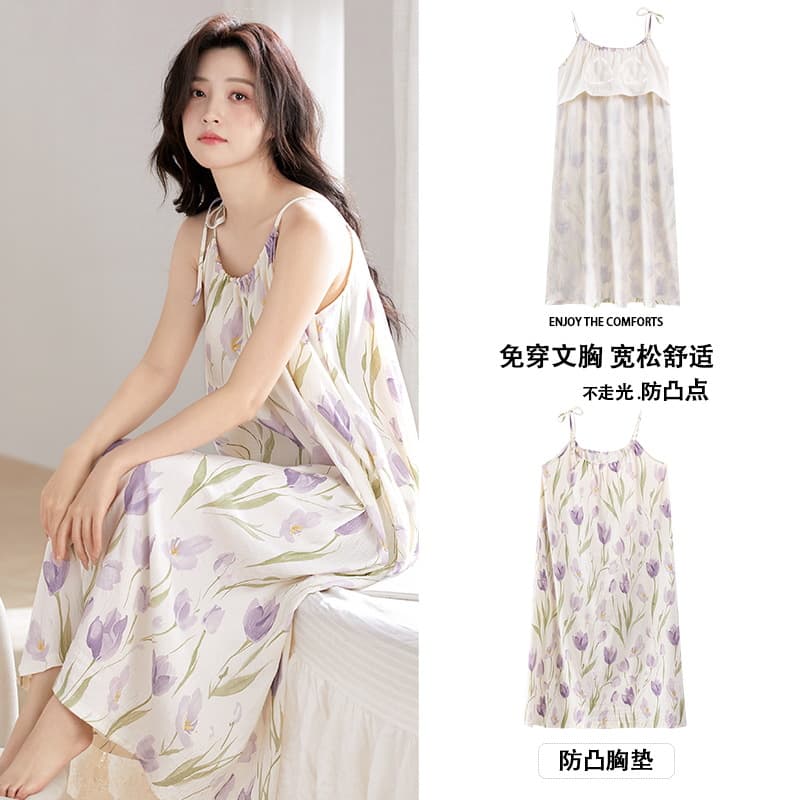 Women's Summer New Cloud Cotton Camisole Nightgown with Built-in Pads, Thin Style, Casual Plus Size Maternity Sleepwear