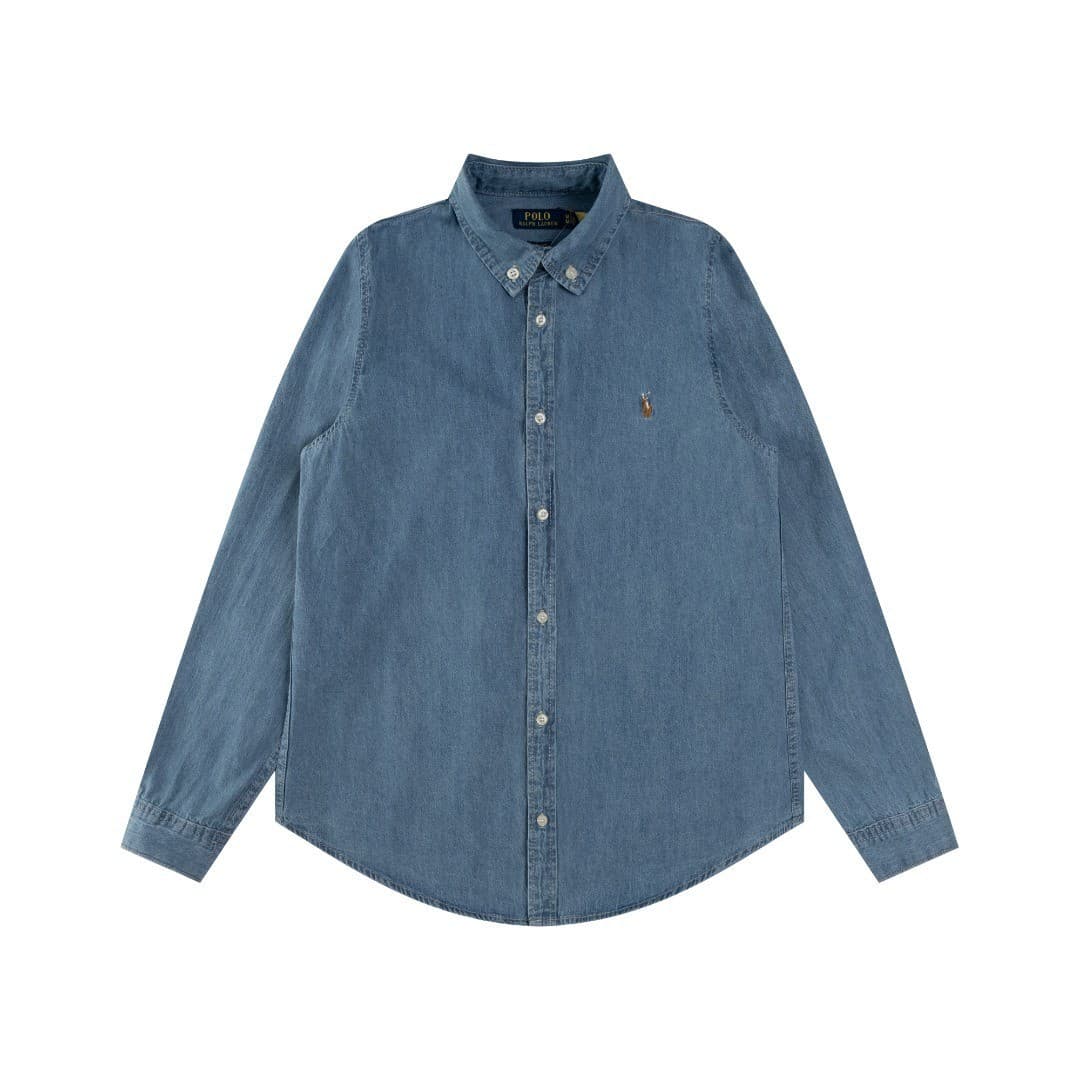 Ralph Lauren RL Horse Logo Embroidered Denim Unisex Long-Sleeve Denim Shirt with Lapel Casual Loose Jacket