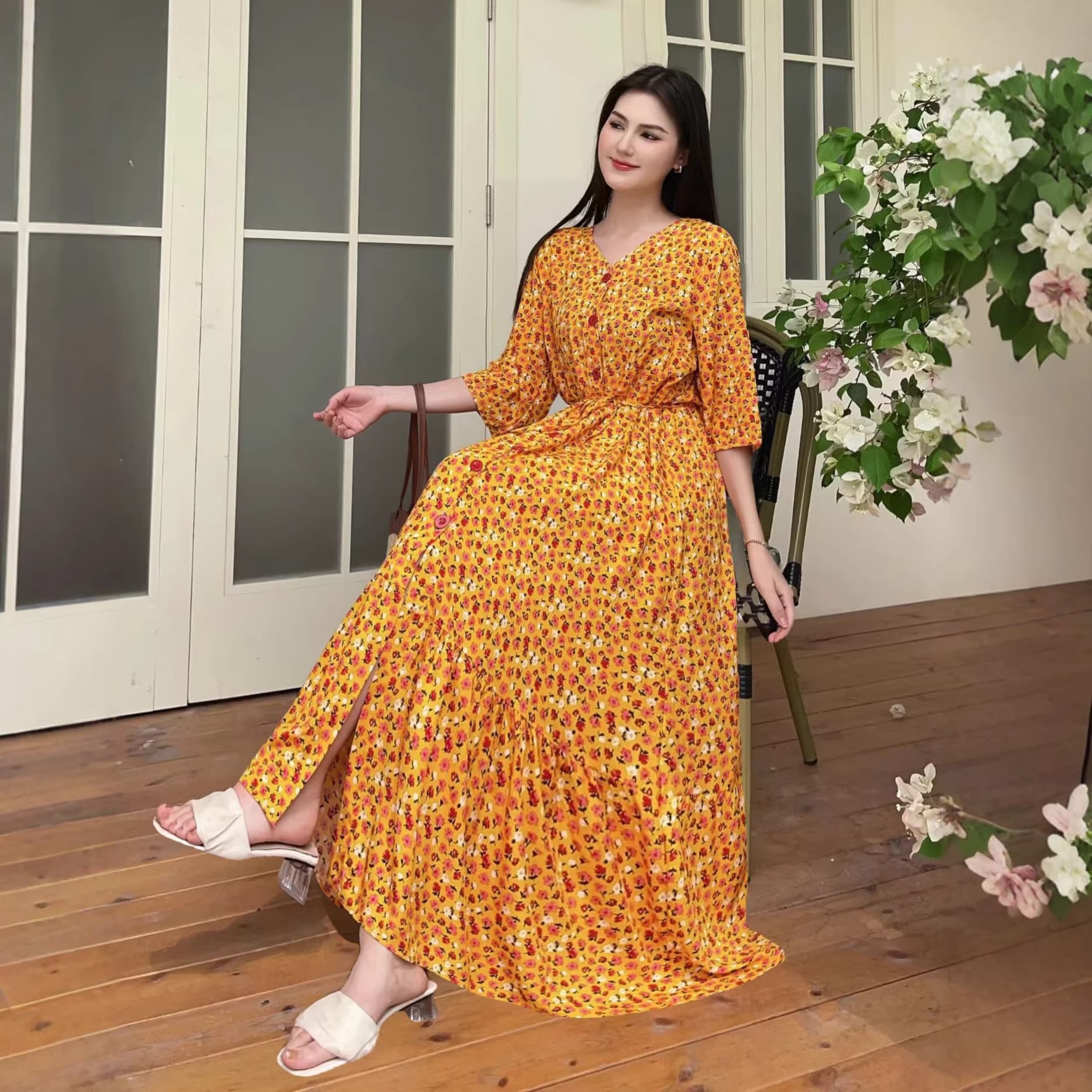 Plus Size Women's Summer New Southeast Asian Ethnic Style V-Neck Floral Print Long Dress Vacation Dress