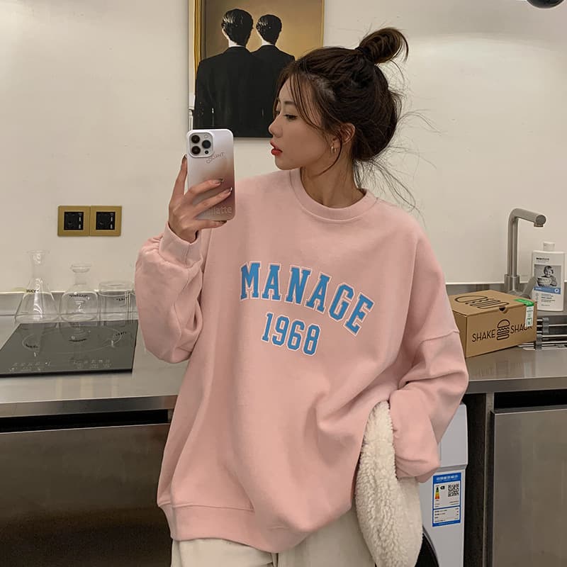 Oversize American Retro Letter Print Loose Round Neck Sweatshirt Women's Mid-Length Fleece-Lined Long Sleeve Comfortable Casual Top